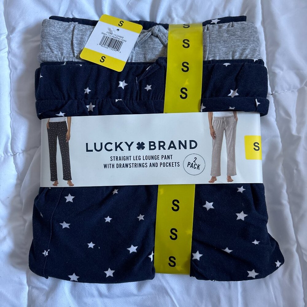 Lucky Brand Women's 2 Pack Straight Leg Lounge Pant Navy star print Gray Cozy S
